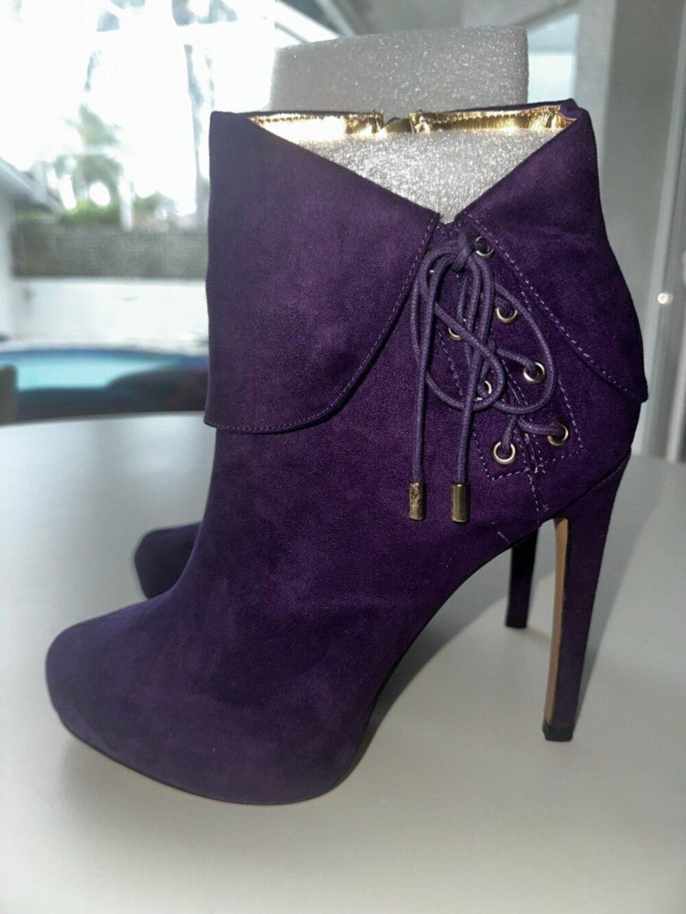 Purple Suede Lace-Up Stiletto Booties 8M